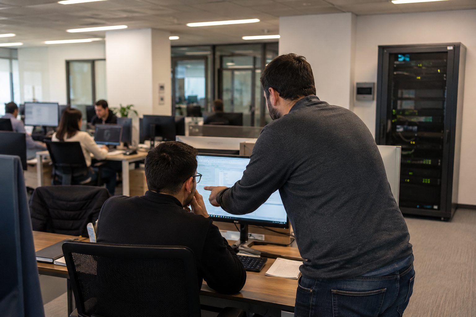 Oficina con personal trabajando y apoyo tecnológico